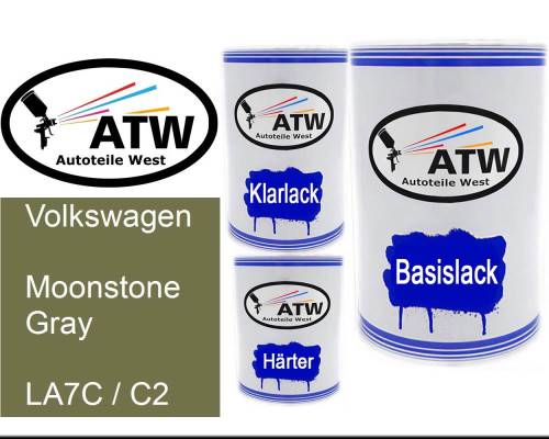 Volkswagen, Moonstone Gray, LA7C / C2: 500ml Lackdose + 500ml Klarlack + 250ml Härter - Set, von ATW Autoteile West.